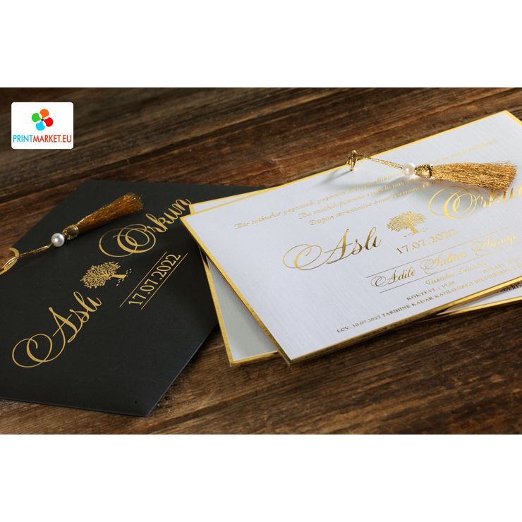 Enveloppe noire, carte d'invitation de luxe imprimée en or - Erdem